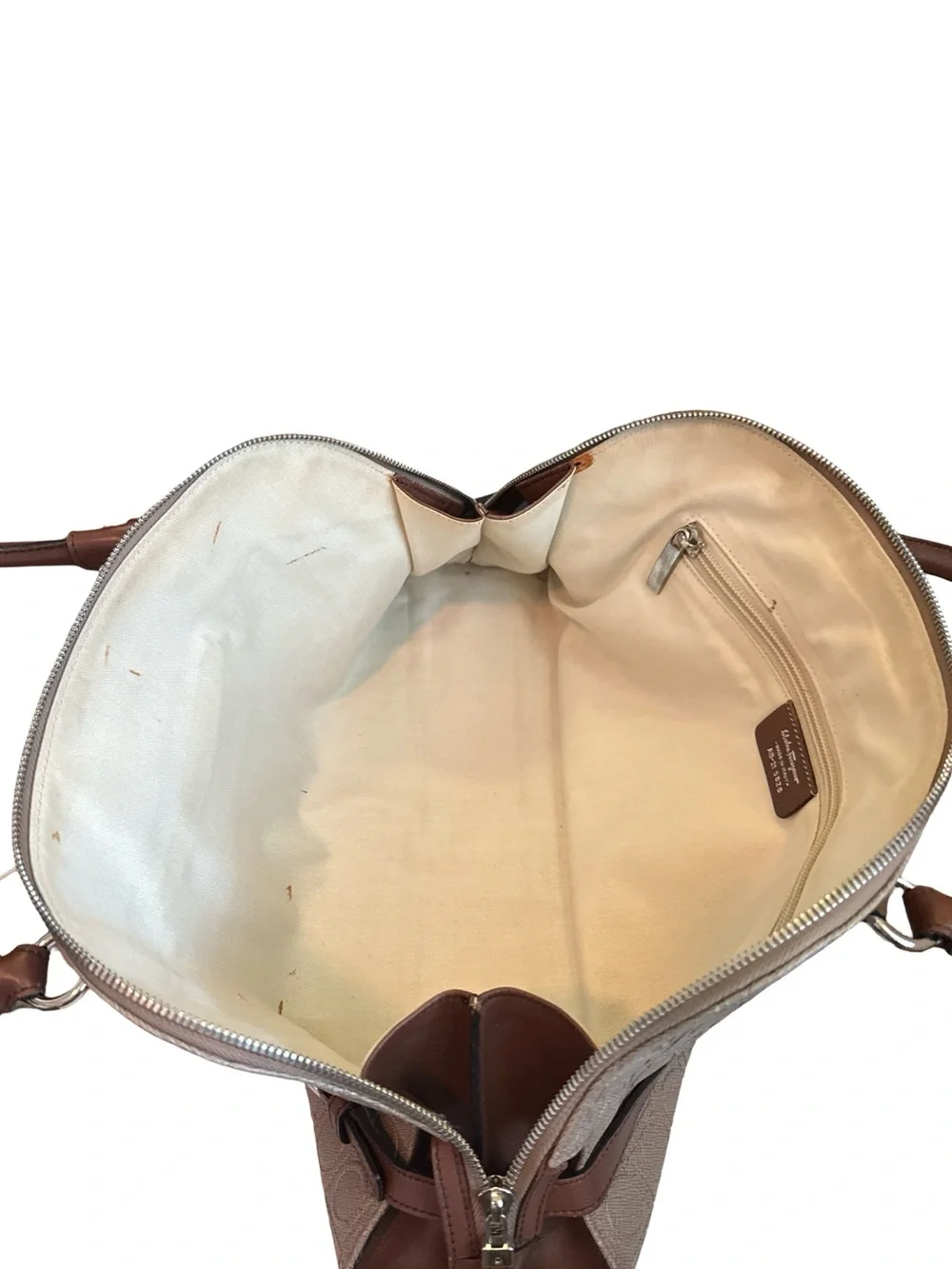 Salvatore Ferragamo Gancini Canvas & Leather Satchel Handbag Beige Brown Italy - Picture 6 of 15
